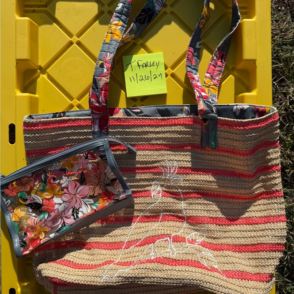 Colorful Striped Tote Bag with Floral Pouch